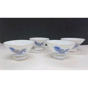 Four KIKU-MASAMUNE Authentic Seal Gold Trim Porcelain Blue Gold Sake Cups Japan